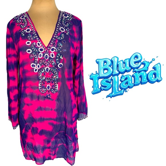 Blue Island pink and purple tie dye swim cover up bead and sequin embellishments - Picture 1 of 8